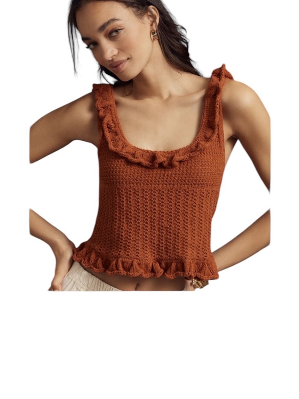 Anthropologie Pilcro Rust Knit Ruffle-Trim Crochet Tank Top Brown